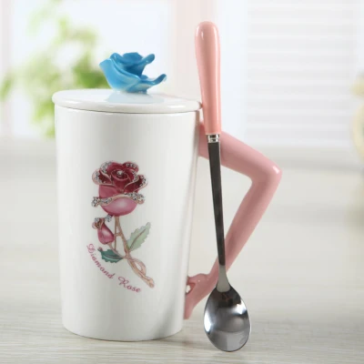 День Святого Валентина богиня розы кофейные кружки чайная чашка керамическая чашка с ложкой крышкой бутылки для воды для завтрака молока чашки подарок для влюбленных - Цвет: Blue