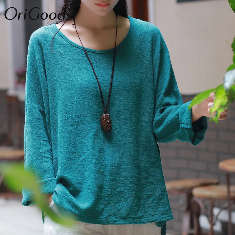 

OriGoods Cotton Linen Long sleeve Blouse Women O-neck Loose Causal Vintage Summer Blouse Shirt Women Plus size Blusas Tops C125