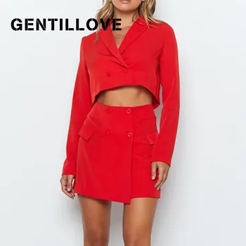 

Women's Suit Skirt and Elegant Jacket Long Sleeve Crop Blazer Suit with Mini Skirts Office Uniform Ladies Office Clothes Suits
