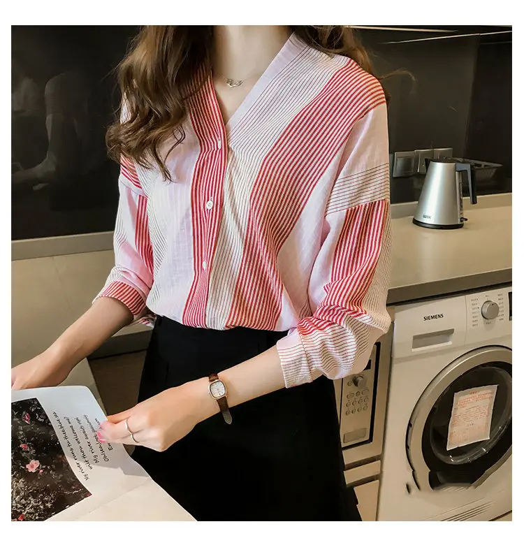 2019 Autumn Women's Striped Shirts Womens Tops And Blouses Fashion Long Sleeve Shirt Plus Size V-neck Blusas Chemise Femme (7)