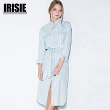 Irisie 2017 Для женщин платье из джинсовой ткани зубчатый свободные Омывается Винтаж карманов до середины икры джинсовые платья