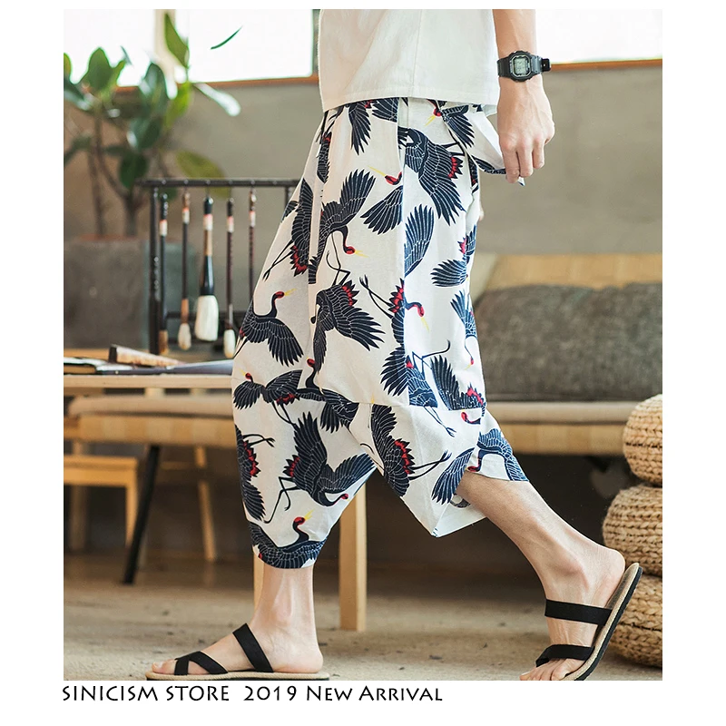 

Sinicism Store Men Casual Calf-length Pants Summer 2019 Mens Oversize Linen Casual Pants Male Chinese Style Print Harem Pants