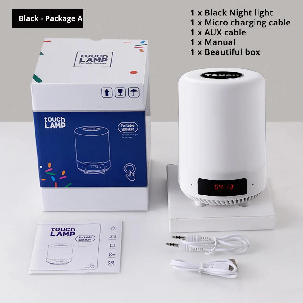 Перезаряжаемые Красочный светодиодный Ночной светильник Bluetooth Динамик Беспроводной настольная лампа для спальни ночники может установить сигнал тревоги - Испускаемый цвет: Black - Package A
