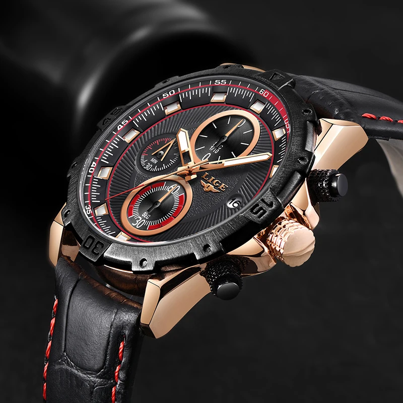 LIGE Men Watches Top Brand Luxury Leather Casual Quartz Watch Men Army Military Sport Large Dial Quartz watch Relogio Masculino