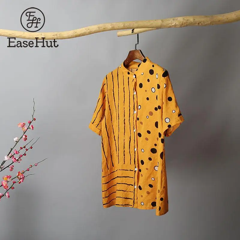 

EaseHut Women Vintage Blouse Stripe Polka Dot Printed Pocket Stand Collar Short Sleeve Tops Summer Loose Casual Shirts Blouses