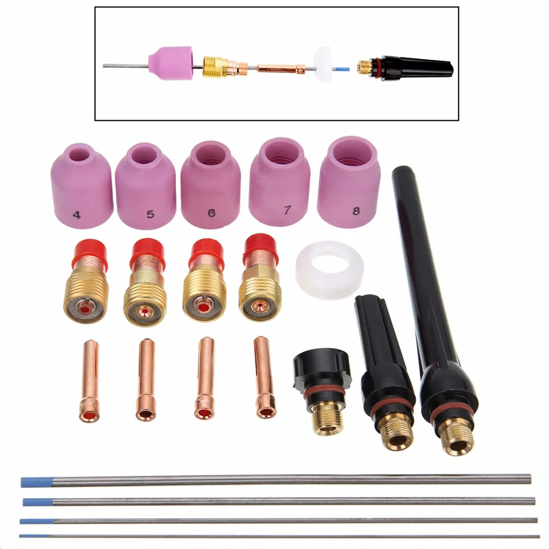 OSSIEAO 21pcs TIG Welder Torch Nozzle Cup Tungsten Gas Lens Kit WP 17/18/26 WL20in Welding