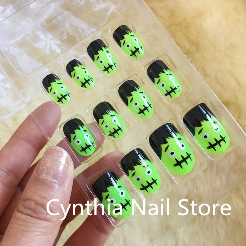 Medium Long Nails Green Face Halloween Day Nail Witch Claw Fancy Dress Nail 12pcs Halloween Gift Full Cover False Press On Nail Aliexpress