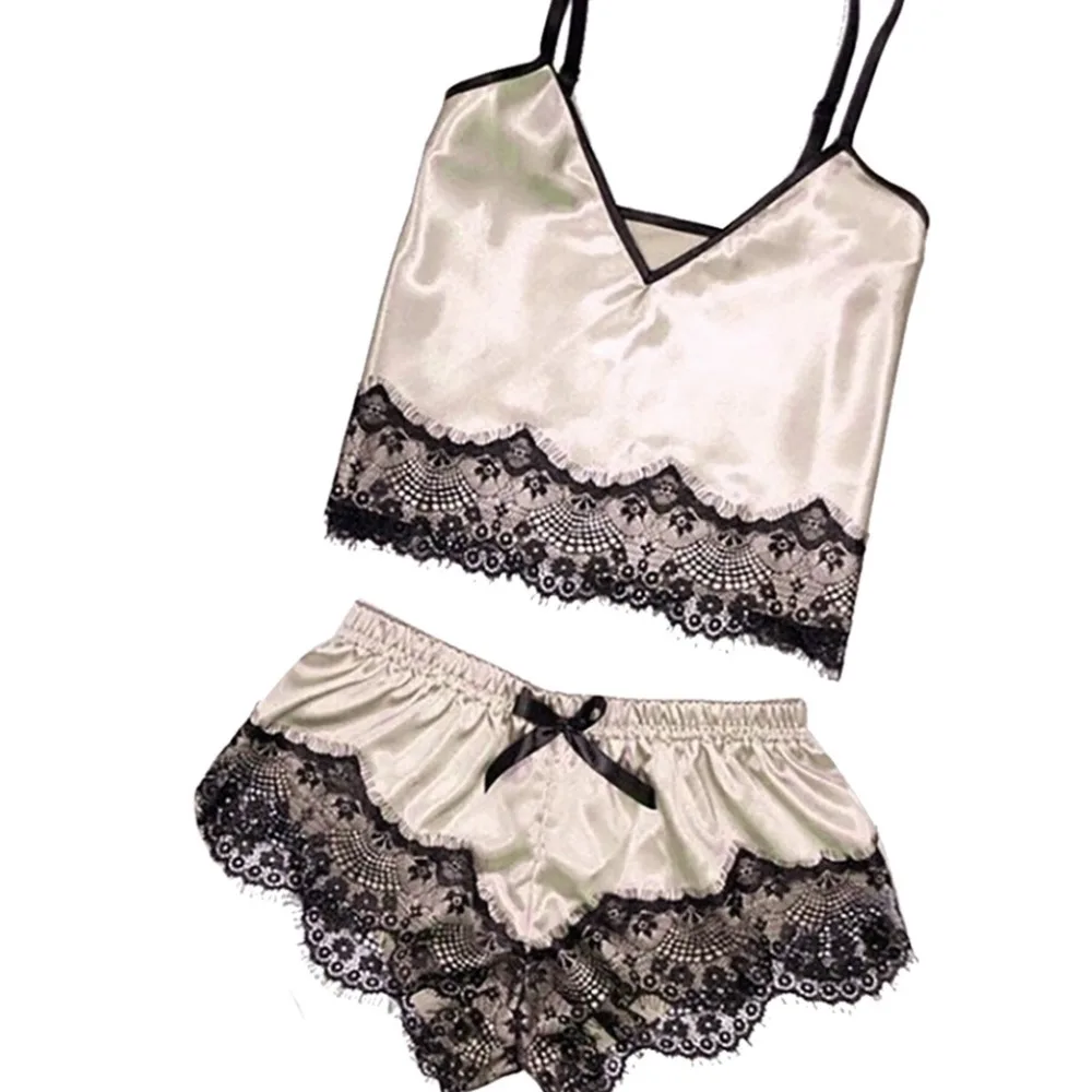 

Newest 2019 Sexy Fashion Spring Summer Women Sexy Underwear V-Collar Pajamas Lace Lingerie Sling Nightwear #2019.4.25