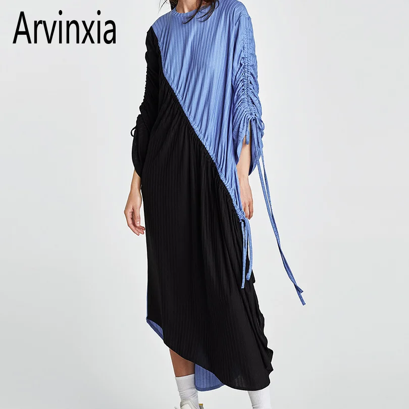 

Arvinxia ZA New Loose Patchwork Bow Tie Women Dress Sexy Comfortable O Neck Lady Dresses Big Size Lace Up Draped Sleeves Vestido