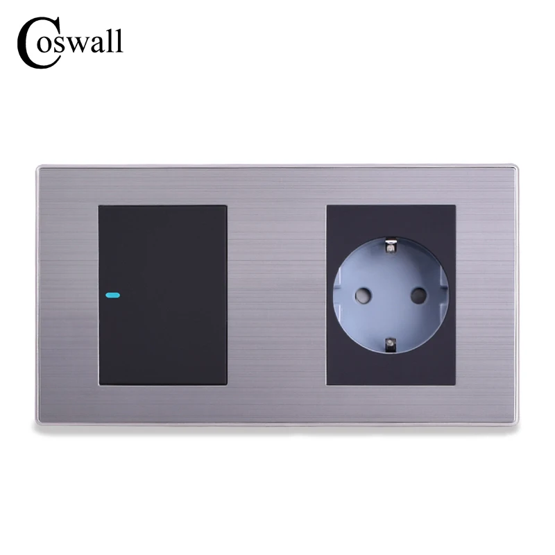 

Coswall 16A EU Standard Wall Socket + 1 Gang 2 Way On / Off Light Switch With LED Indicator Stainless Steel Panel 160*86mm