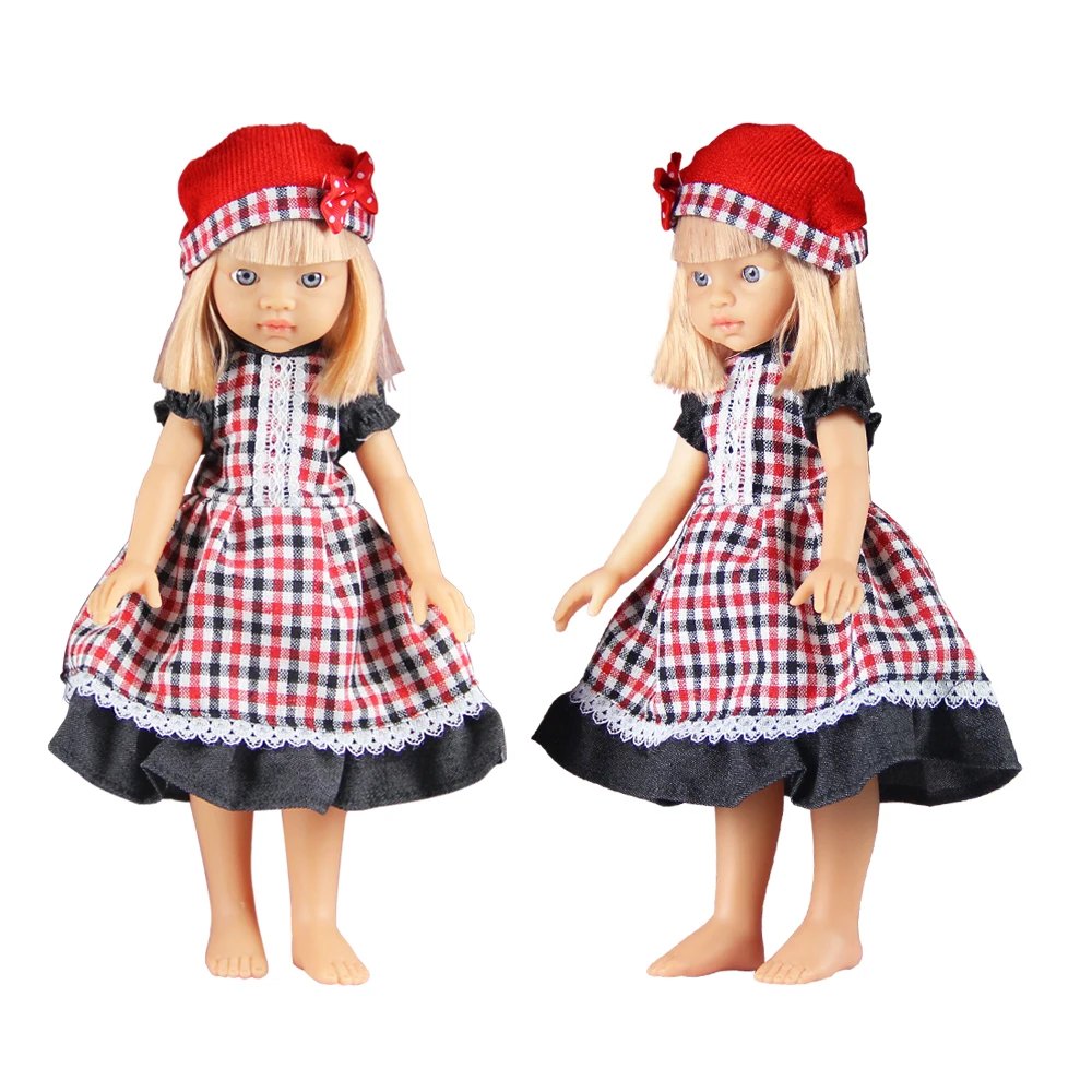 

1 piece 33CM Simulation Soft Vinyl Dolls Plaid Skirt Red Knitting Hat American Girl's Doll Kids Baby Girl Toy