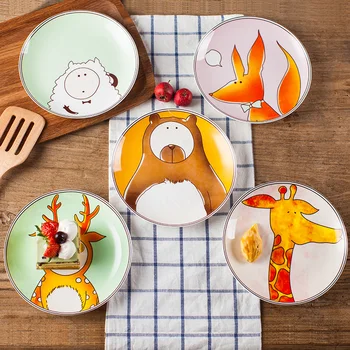 

8 inch Bone China Dinner Plate Round Porcelain Tableware Creative Children Dinner Breakfast Dessert Dish Small Animal Pattern