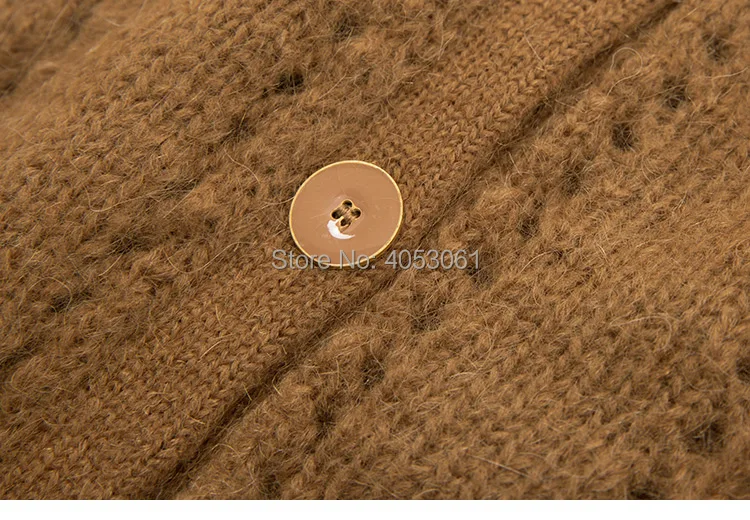 Latest Mohair& Wool Blend Jumper V Neck Hollow Out Button Front Knit Sweater- Female Camel Color Knitting Cardigan Top