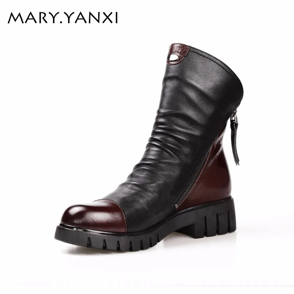 

Mary.Yanxi New Fashion Genuine Leather Women Shoes Square Heels Platform Mid Calf Boots Winter Short Plush Ladies Boots Big Size