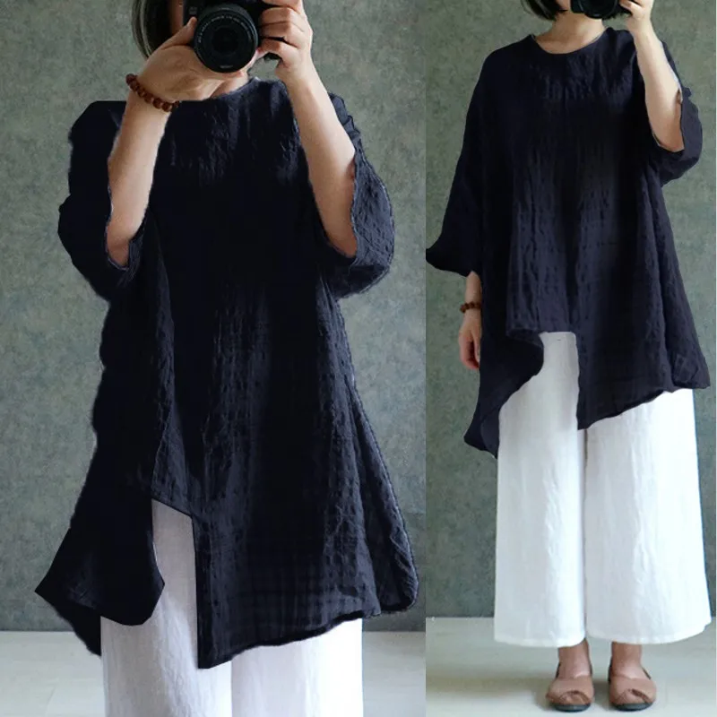 ZANZEA Women Linen Blouse 2019 Summer Autumn Plus Size Tops Long Sleeve Plaid Shirts Oversized Baggy Casual Vintage Blusa 5XL