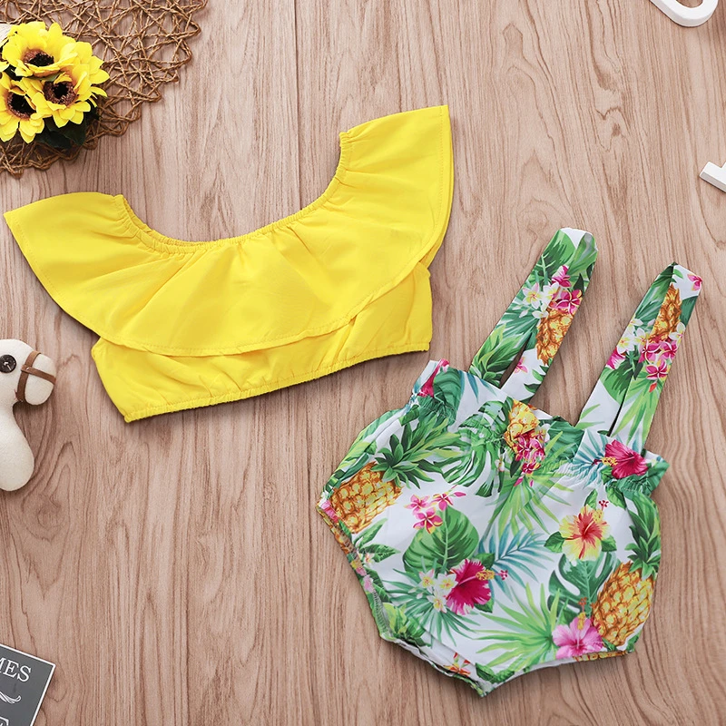 Ensemble Haut Court Jaune Avec Bretelles Pour Bebe Fille Motif Floral Ananas 2 Pieces Tenue Courte Pour Fille De 12 A 18 Mois Aliexpress
