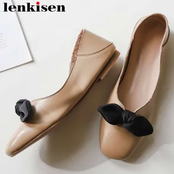 

2019 classic hand-sewn leather loafers slip on vocation driving shoes comfortable butterfly-knot decoration square toe flats L95