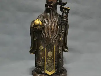 

14'' China Old Man Long Life God Mammon Hold Peach Stick Bronze Statue