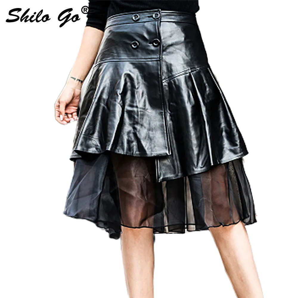Leather Skirts Womens Spring Fashion sheepskin genuine leather skirts high waist spliced Eugenia