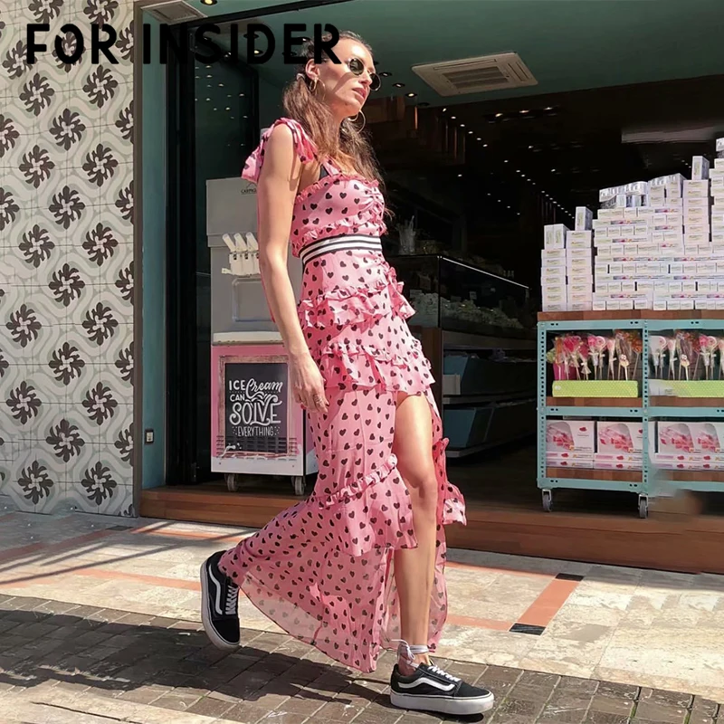 

For Insider Heart ruffle lace up pink chiffon maxi dress Casual high waist boho summer dress Long vintage beach dress robe festa