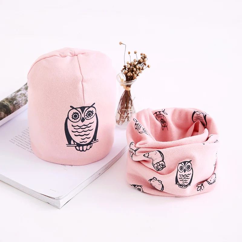 Детский набор из шапки и шарфа, осенне-зимние детские шапки, хлопковый шарф, Детские шапочки с рисунком совы, весенние детские шапки для маленьких мальчиков и девочек - Цвет: pink