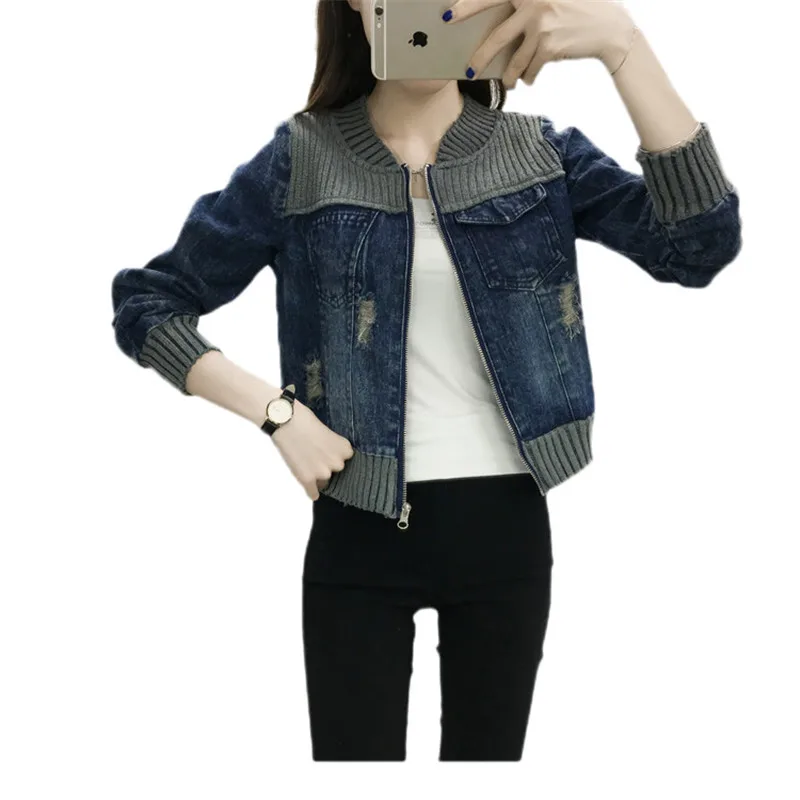 

Women Denim Jacket O-Neck Loose Elegance Full Sleeve Fashion Blue Tops Hole Female Short Coats Casual Girls Outwear Hots JIA100