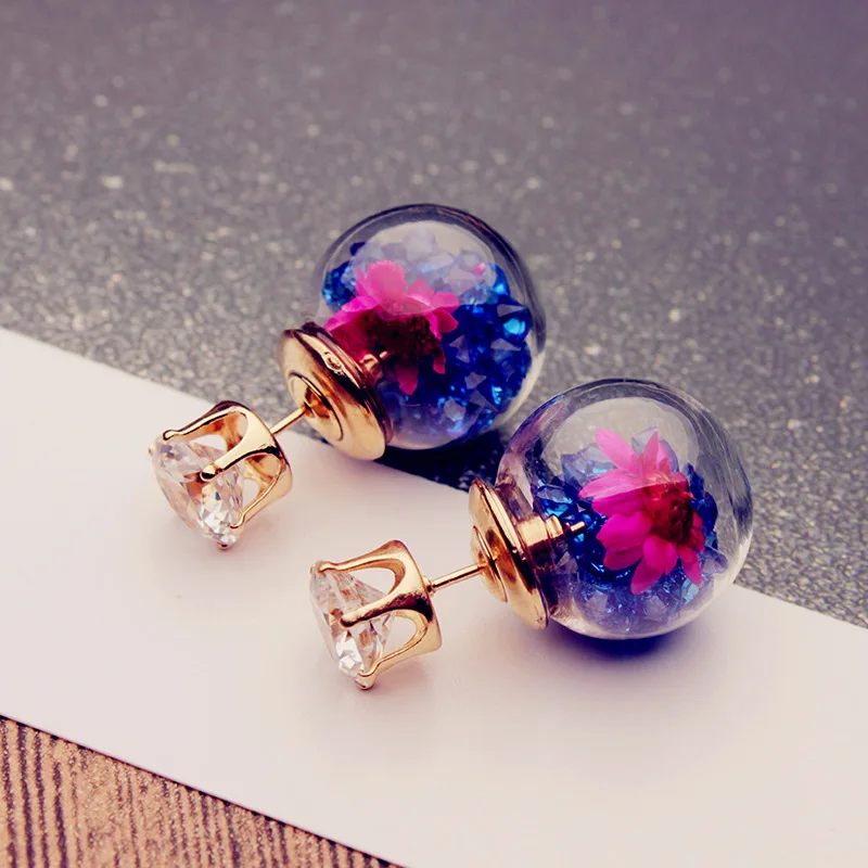 Fashion Korean Style Glass Ball Stud Earrings Woman Girls Charm Water Drill Flower Crystal Earring Jewelry Party Birthday Gift | Украшения