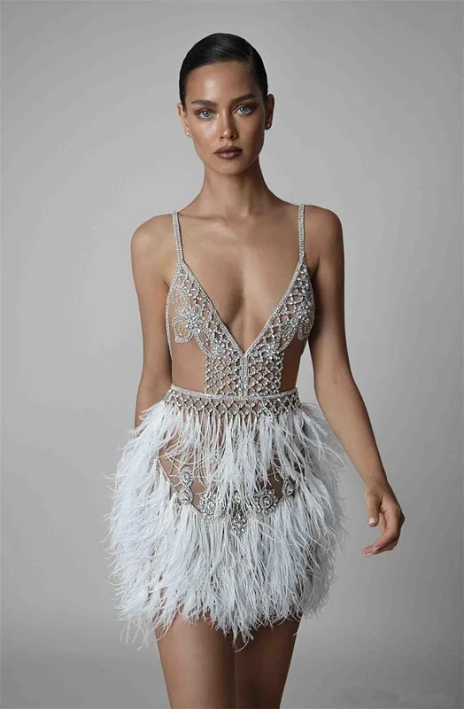 Sexy 2019 Elegant Cocktail Dresses Sheath Spaghetti Straps Feather Beaded Elegant Short Homecoming Dresses