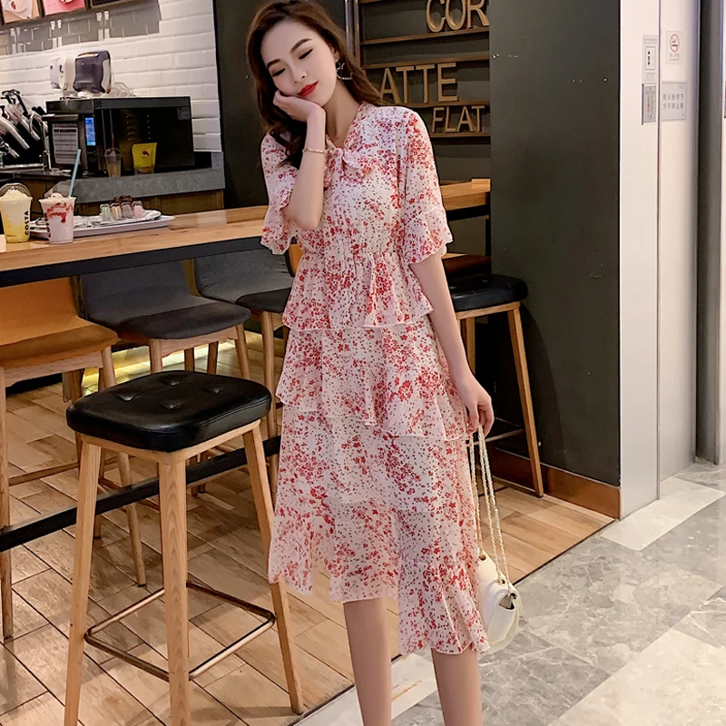 

Vintage Women A-line Dress Lace Up Printed Elastic Waist Female Chiffon Dress Cascaded Ruffle Midi Summer Vestidos 2019
