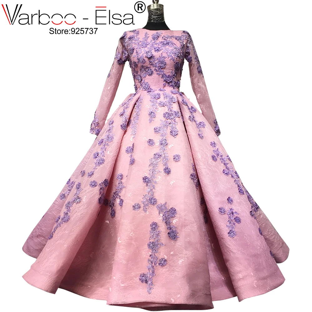 VARBOO_ELSA Abiye Luxury Appliques Prom Dresses Purple Long Sleeve Elegant Gowns O Neck Middle East Saudi Arabia Dress | Свадьбы и