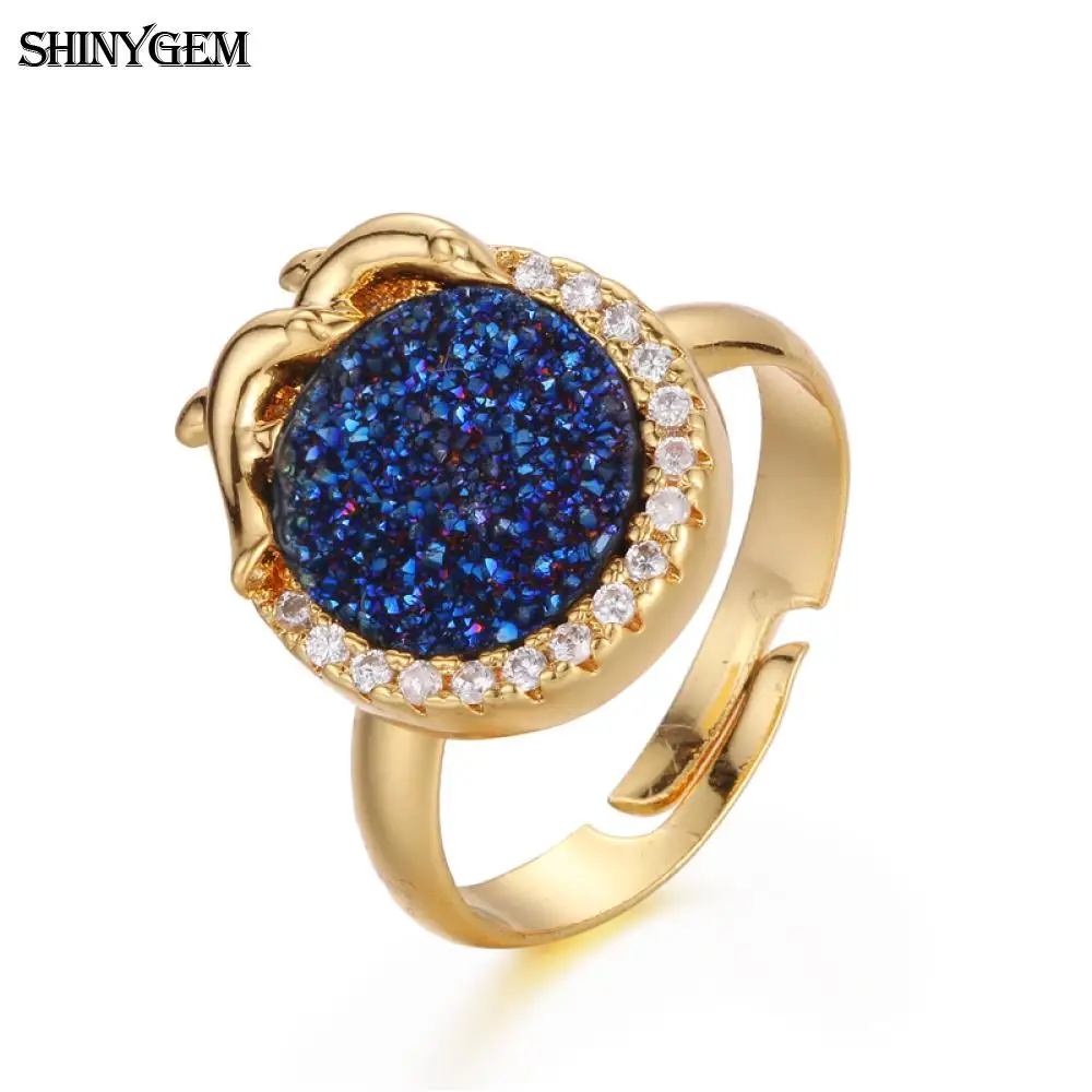 

ShinyGem Luxury Crystal Rings Cut Natural Round Druzy Stone Ring Gold Dolphin Cabochon Adjustable Size Pure Gold Rings For Women