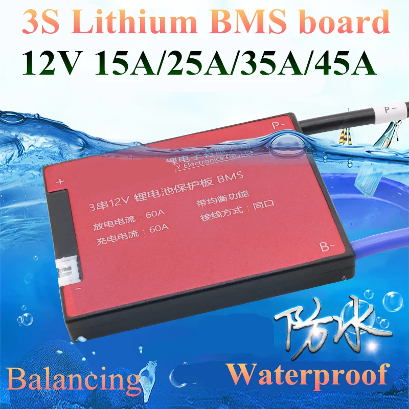 

1pcs BMS 12v lithium 3s 12V 15A 25A 35A 45A 60A Discharge battery pack 12.6v bms controller for boat engine camera power tools