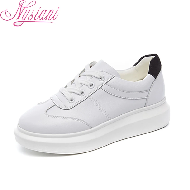 

2019 Spring Flat Platform White Sneakers New Split Leather Casual Round Toe Lace-up Female Shoes Ladies Flat Shoes Nysiani
