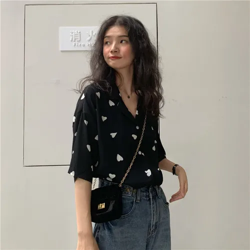 

Chiffon Red Heart Printed Causal Pocket Turn Down Collars Button Line Short Sleeve Loose Korean Style Female Women Top Shirts