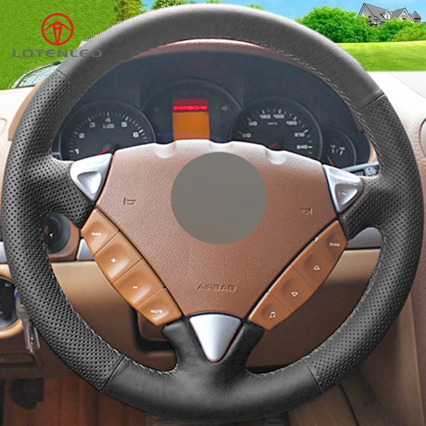 LQTENLEO Black Genuine Leather DIY Hand stitched Car Steering Wheel