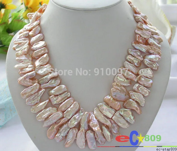 

>>>2ROW 17"18" 25MM PINK DENS BIWA CULTURED PEARL NECKLACE
