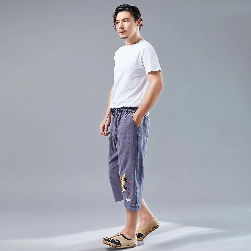 LZJN Men’s Summer 34 Pants Casual Cotton Linen Elastic Waistband Wide Leg Capri Short Bermuda Embroidery Beach Playa Hombre (23)