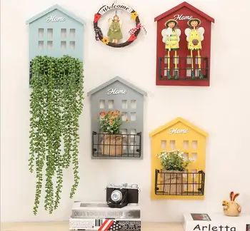 

Wooden Garden Storage Basket Wall Hanger Storage Box House Metal Flower Vase Holder Basket Garden Decor Mix Color