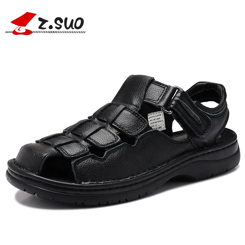 

Z.Suo Genuine Leather Hook&Loop Black Men Sandals Summer Rubber Flat Casual Shoes For Men Fashion Beach Sandals Large Size 38-48