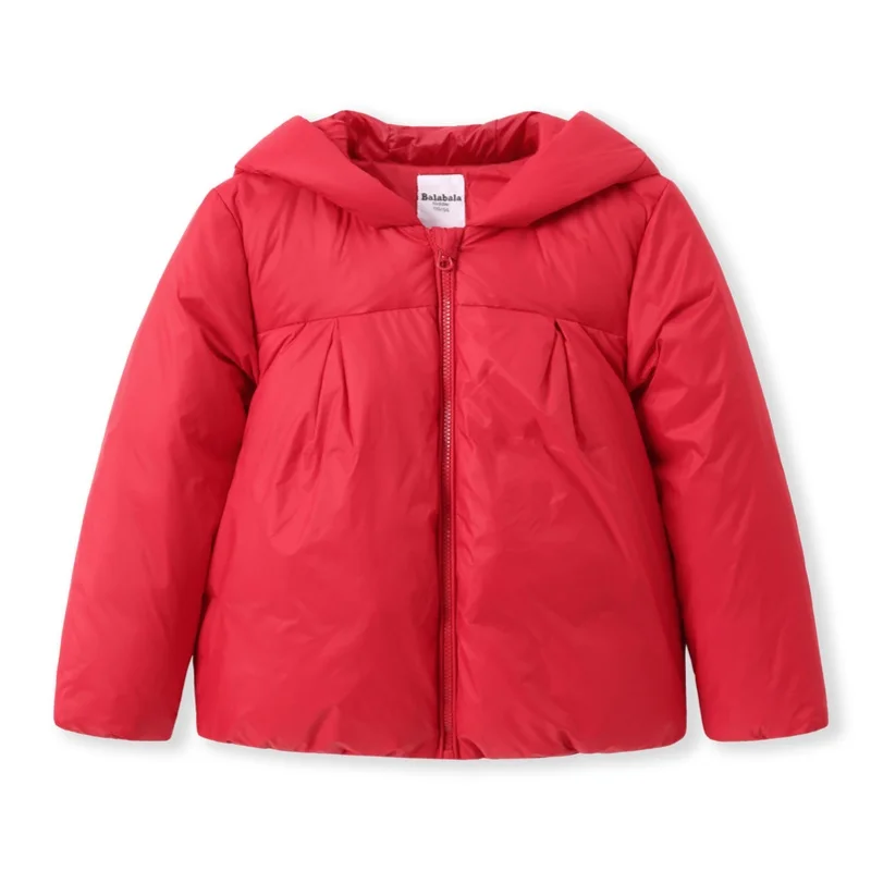 Balabala/легкий пуховик с капюшоном для маленьких девочек с помпонами; детская пуховая куртка с капюшоном на молнии с подкладкой из шинлона - Цвет: China Red