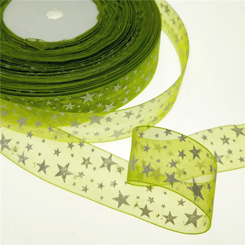 suoja 10Yards/lot 1"(25mm) Printed Star Organza Ribbon Hair Bow Wedding Christmas Decoration DIY Sewing - Цвет: GRE