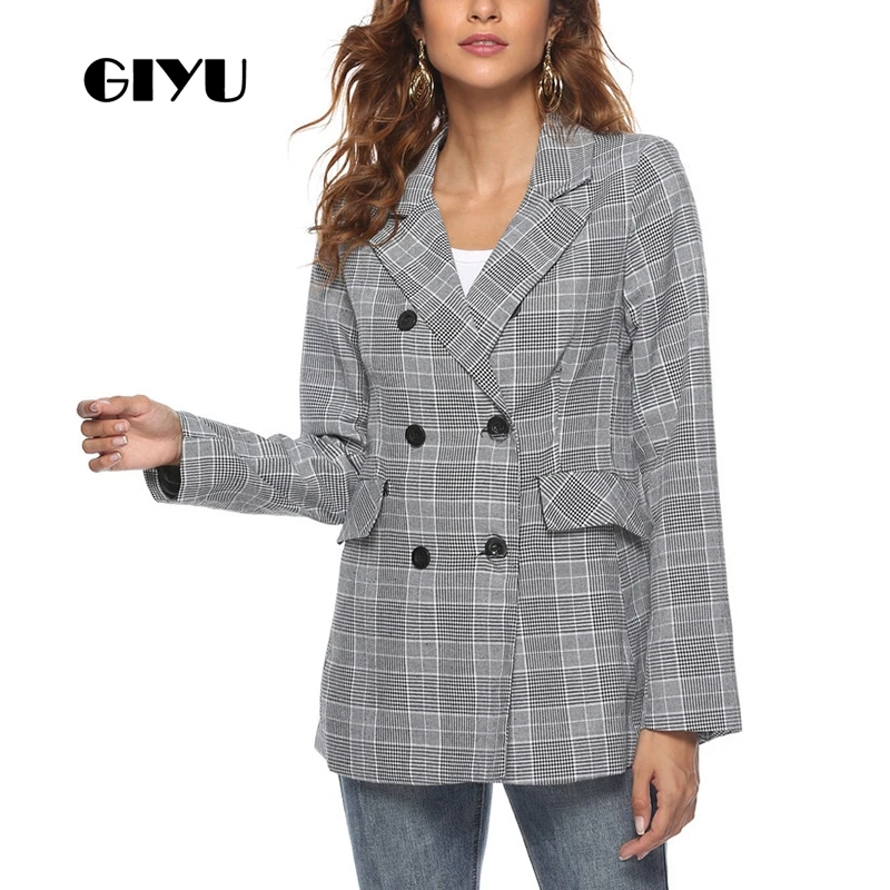 GIYU Spring Women Gray Plaid Printing Blazer Long Sleeve Double Breated Jackets Sexy Slim Tops Casual camiseta mujer