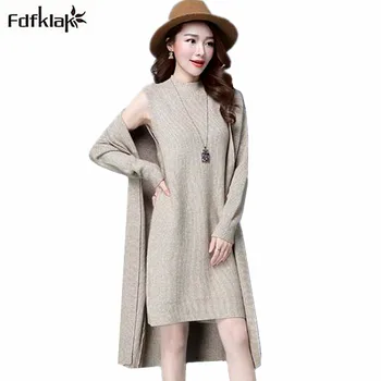 

Fdfklak Women Cardigan Long Autumn Winter Sweater Fashion 2 Pieces Set Knitted Cardigan Sweaters Poncho Lady's Wool Sweater
