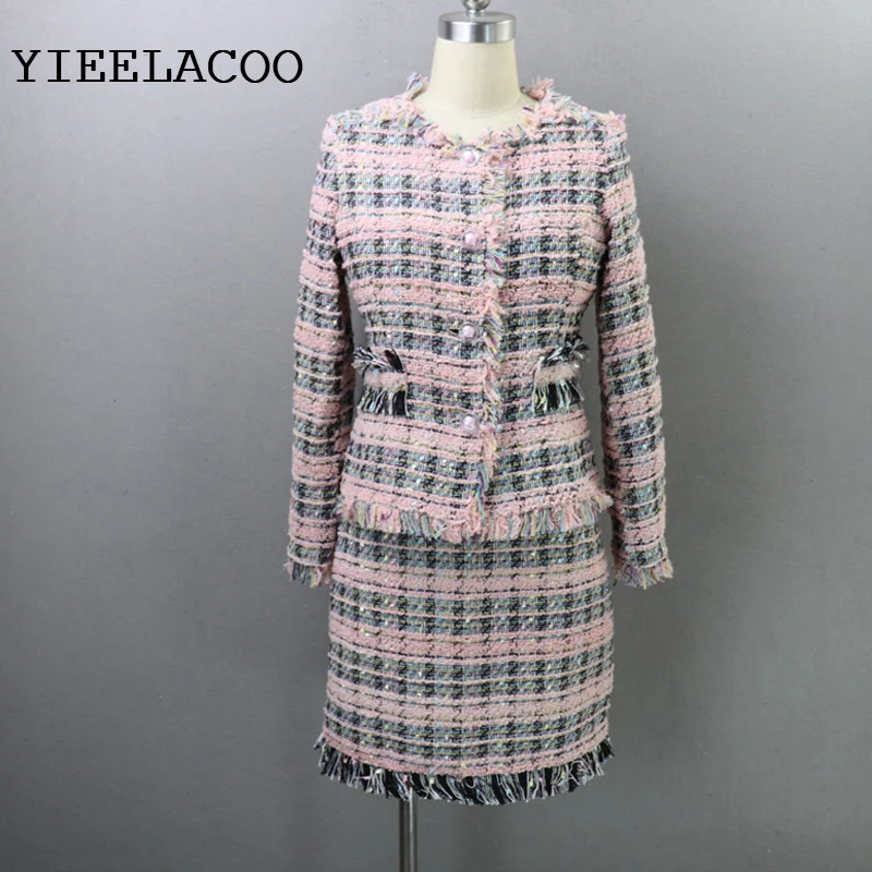 Roze plaid tweed jas + rok pak 2019 herfst/winter vrouwen jas pak nieuwe dames kleine geur wind rok 2 delig pak Roze plaid tweed jas + rok pak 2019 herfst/winter vrouwen jas pak nieuwe dames kleine geur wind rok 2 delig pak