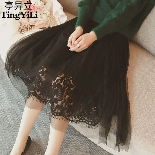 

TingYiLi Black White Tulle Skirt With Lace Korean Cute Women Skirt Elastic High Waist Long Skirt