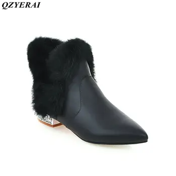 

QZYERAI New 2018 winter warm leather and rabbit fur boots fashion pointed low heel crystal boots European classic big size 34-43