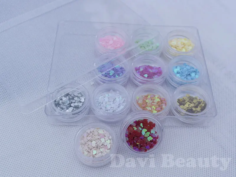 

12 Colors/ cans/ lot nail beads piece heart shape For 3D/UV Gel Nail Art nail salon decoration FREE SHIPPING