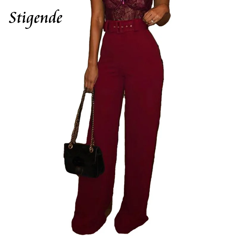 

Stigende Women High Waist Wide Leg Straight Pants Casual Solid Color Belt Trouser Ladies Elegant Trousers Pants Pantalones Mujer