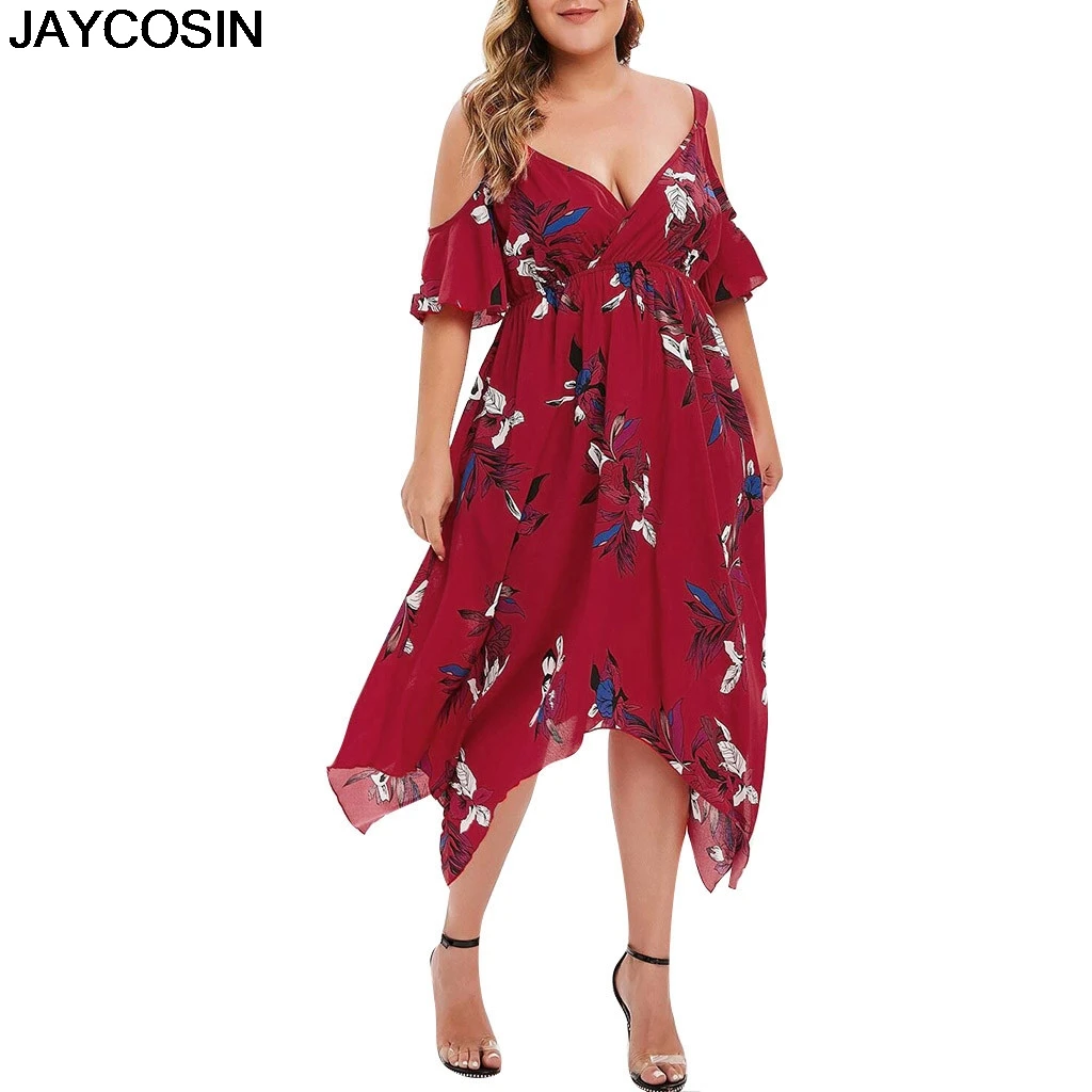 

JAYCOSIN Plus Size Dress Women Open Shoulder Floral Printed Handkerchief V-Neck Dress Women's Casual Dresses Vestido