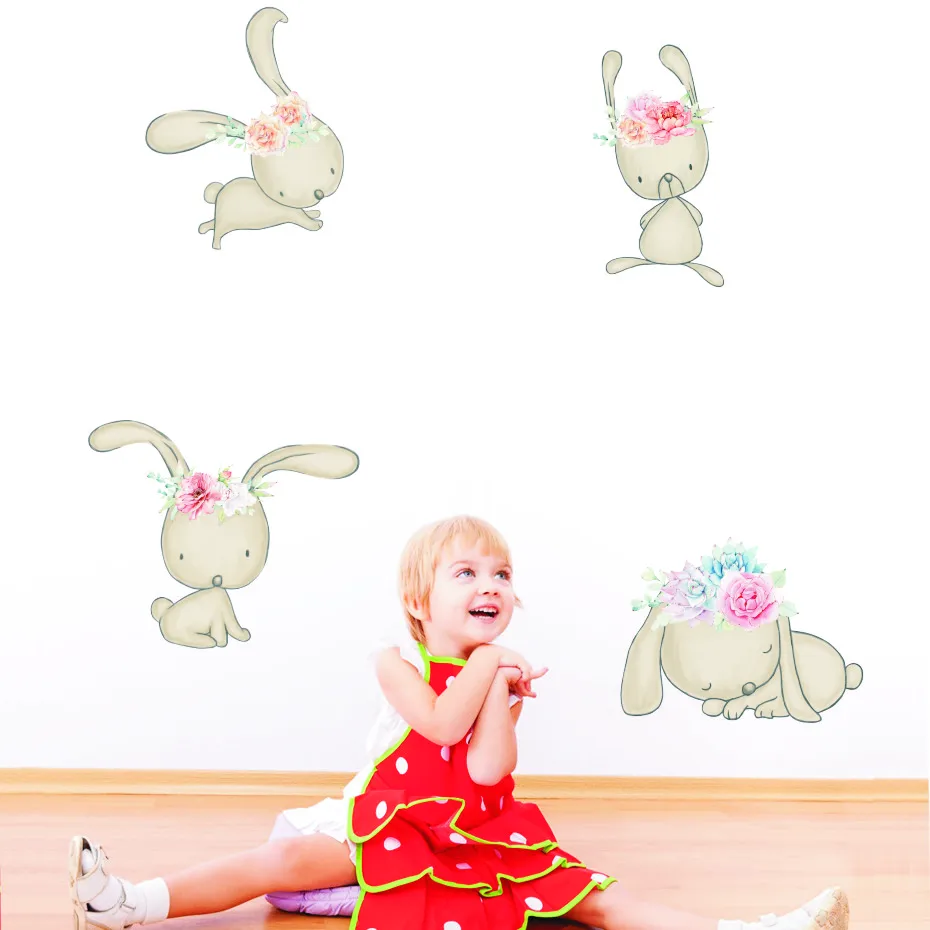 Cute Elegant Little Rabbit Wear Wreath Wall Decal Children's Kids Art Vinyls Stickers Living Room Bedroom Home Decoration Mural